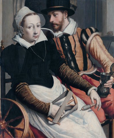 A Woman at the Spinning Wheel and a Man with a Mug Seated in an Interior by Pieter Pietersz the Elder
